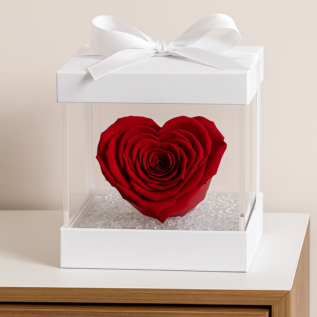 Rosa Stabilizzata a Cuore Grande in Cubo Plexiglass dimensione 14x14