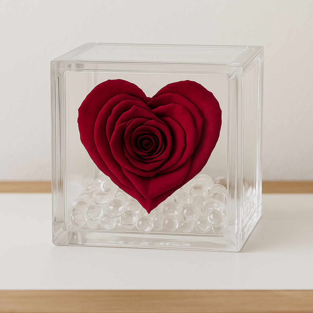 Rosa Stabilizzata a Cuore in Cubo di Vetro 4x4