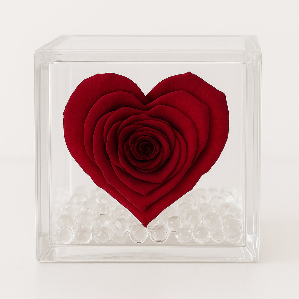 Rosa Stabilizzata a Cuore in Cubo di Vetro 4x4