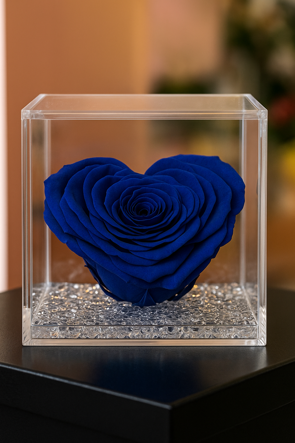 Rosa Stabilizzata a Cuore Grande in Cubo Plexiglass dimensione 14x14