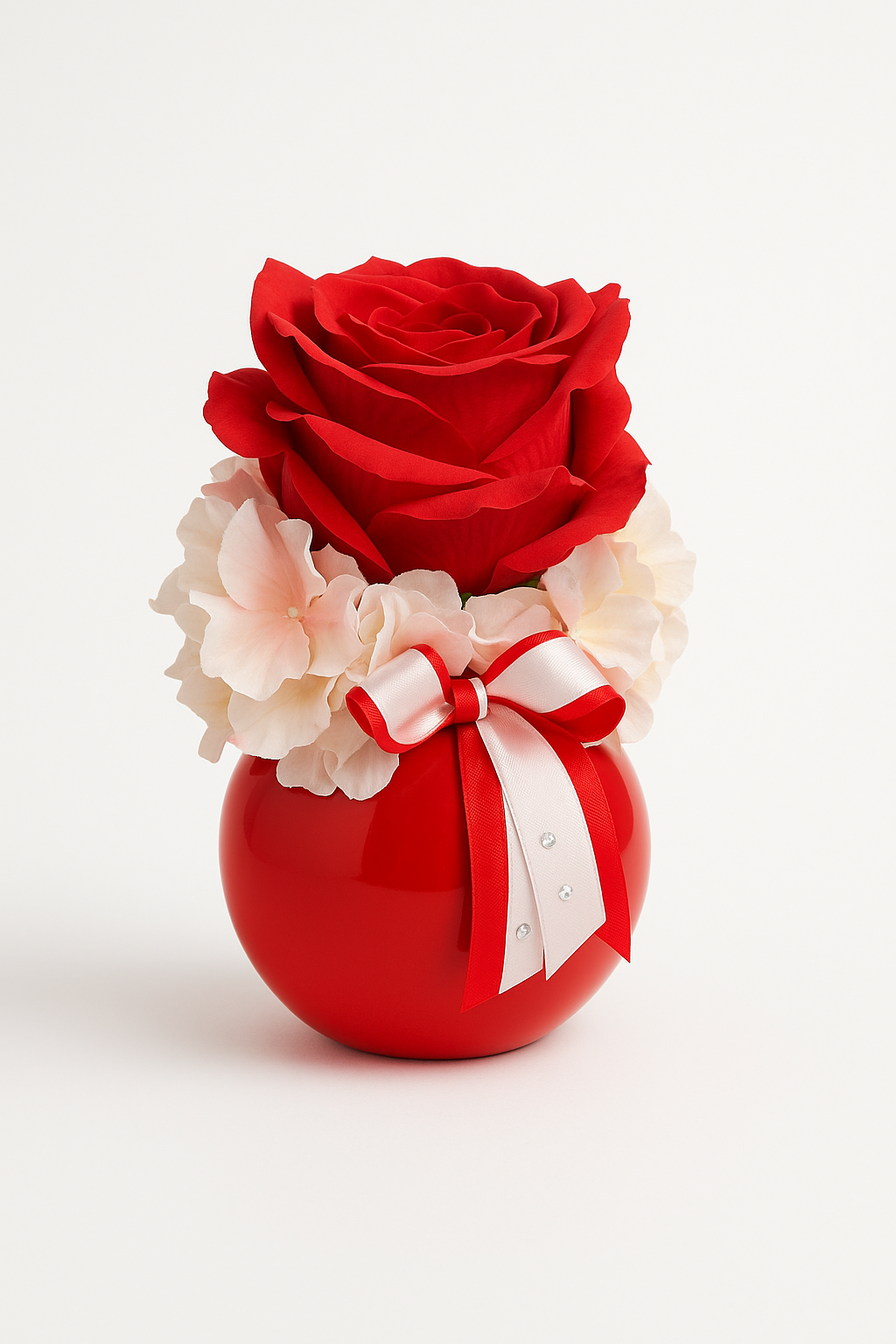 Composizione floreale rossa con vaso decorativo e fiocco regalo