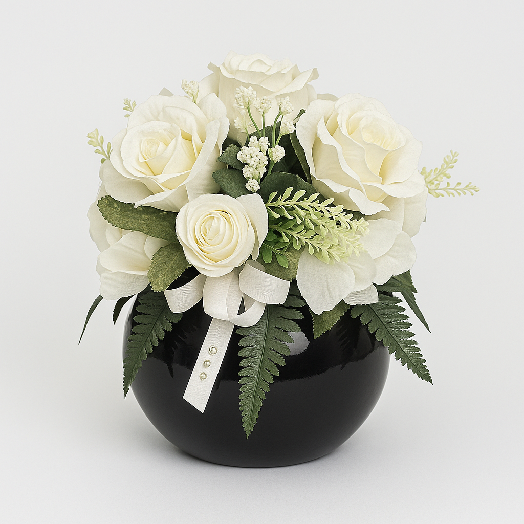 Composizione floreale bianca con vaso nero lucido e fiocco decorativo