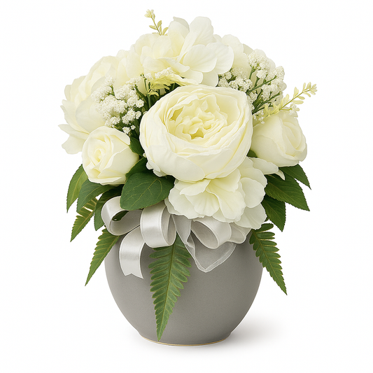 Composizione floreale bianca in vaso grigio – Eleganza senza tempo