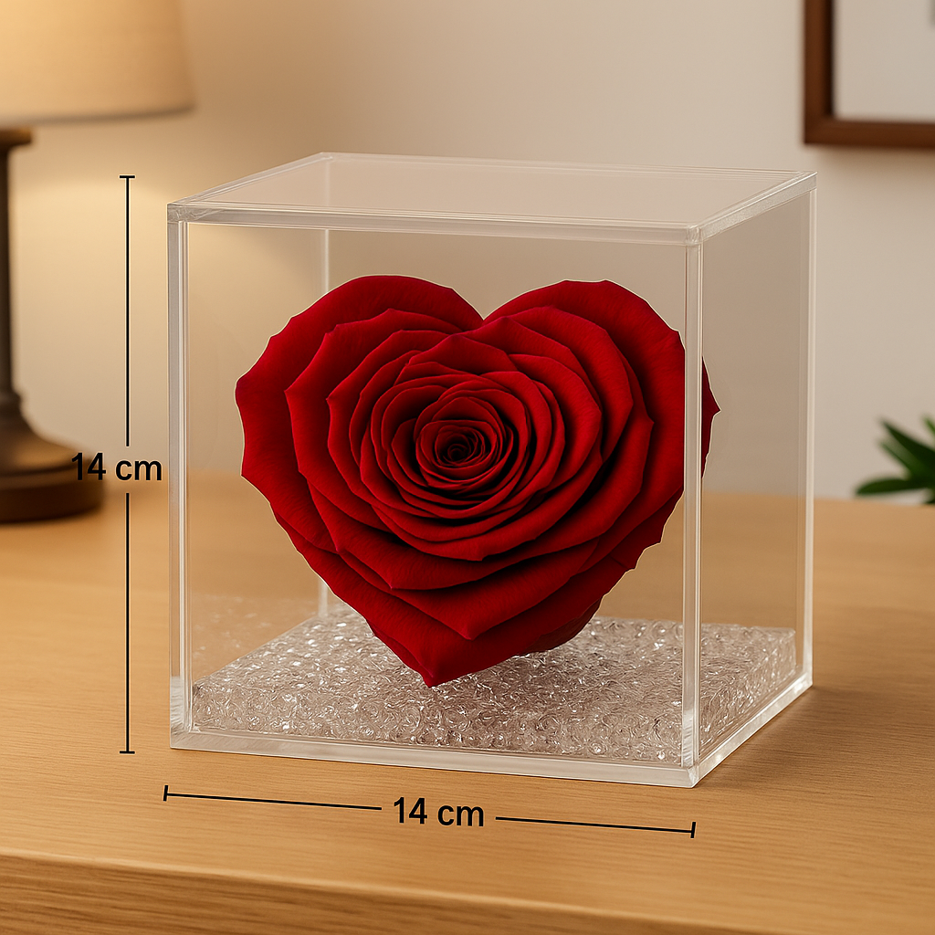 Rosa Stabilizzata a Cuore Grande in Cubo Plexiglass dimensione 14x14