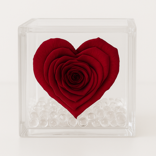 Rosa Stabilizzata a Cuore in Cubo di Vetro 4x4