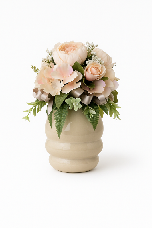 Composizione floreale in vaso beige – Delicatezza naturale in stile romantico