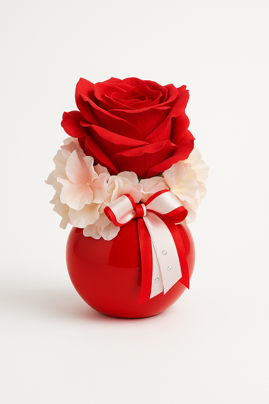Composizione floreale rossa con vaso decorativo e fiocco regalo