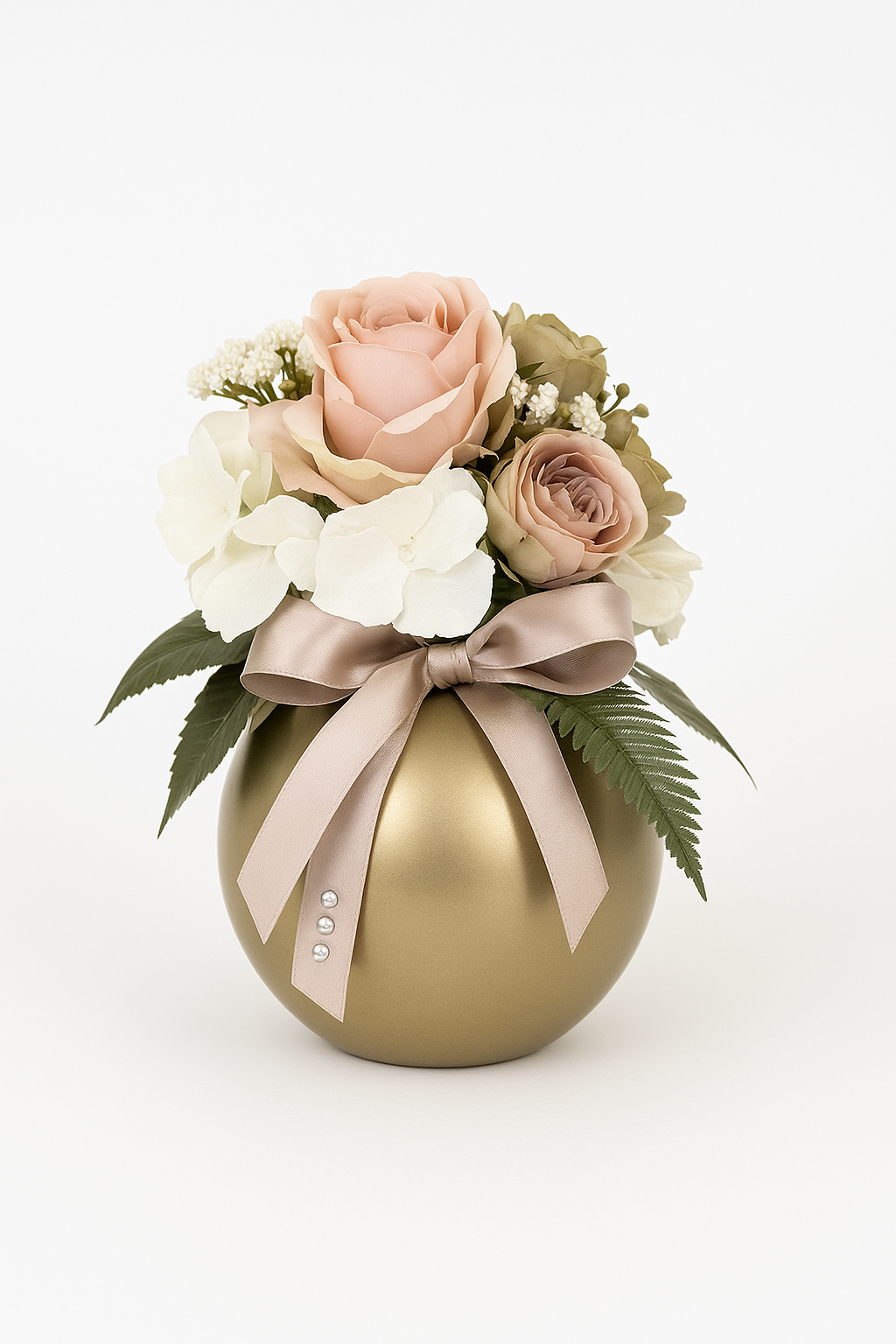 Composizione floreale cipria con vaso oro satinato e fiocco decorativo