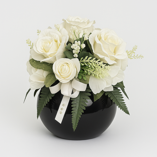 Composizione floreale bianca con vaso nero lucido e fiocco decorativo